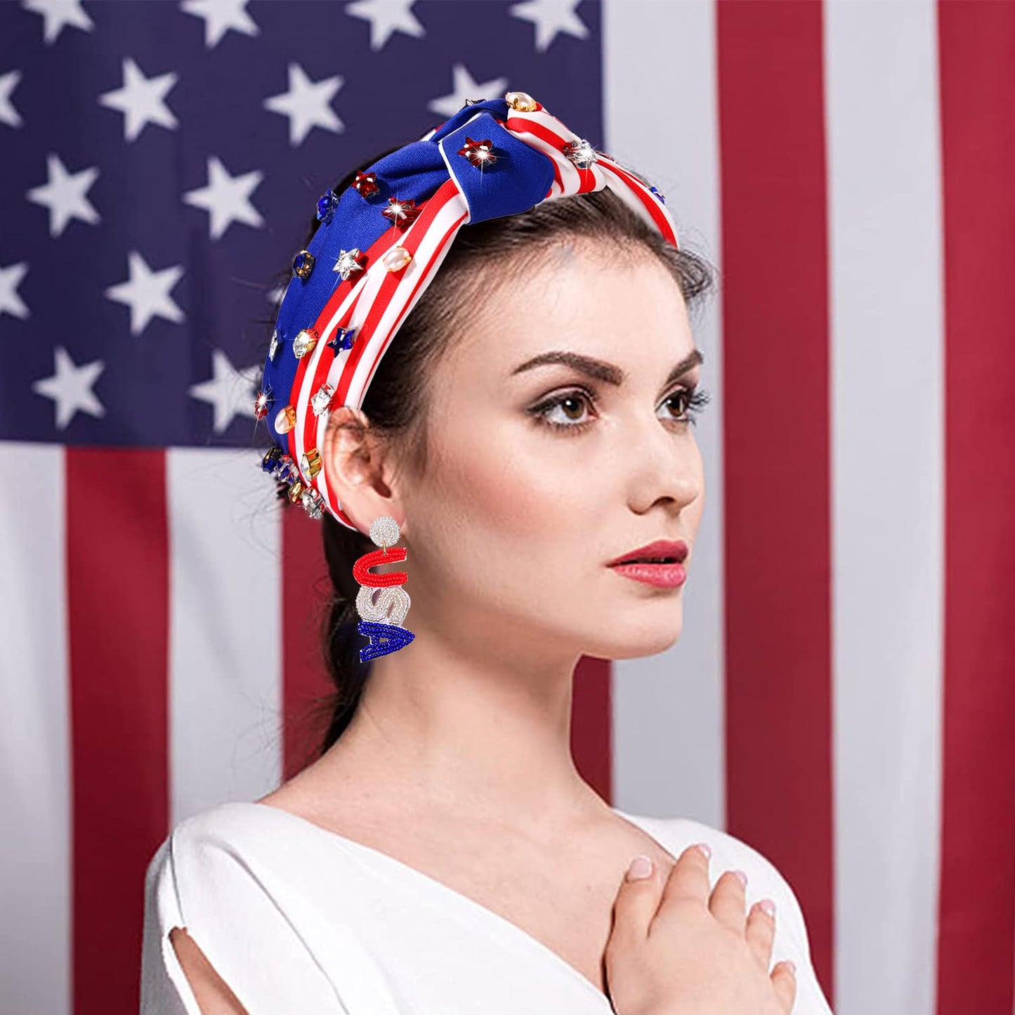 4Th of July Headbands, American Flag Star Headband Pearl Crystal Rhinestone Knot