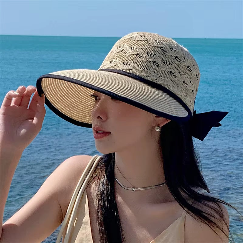 Women Ponytail Straw Sun Hat Wide Brim Visor Summer Adjustable Cap Sun Beach Foldable Hats