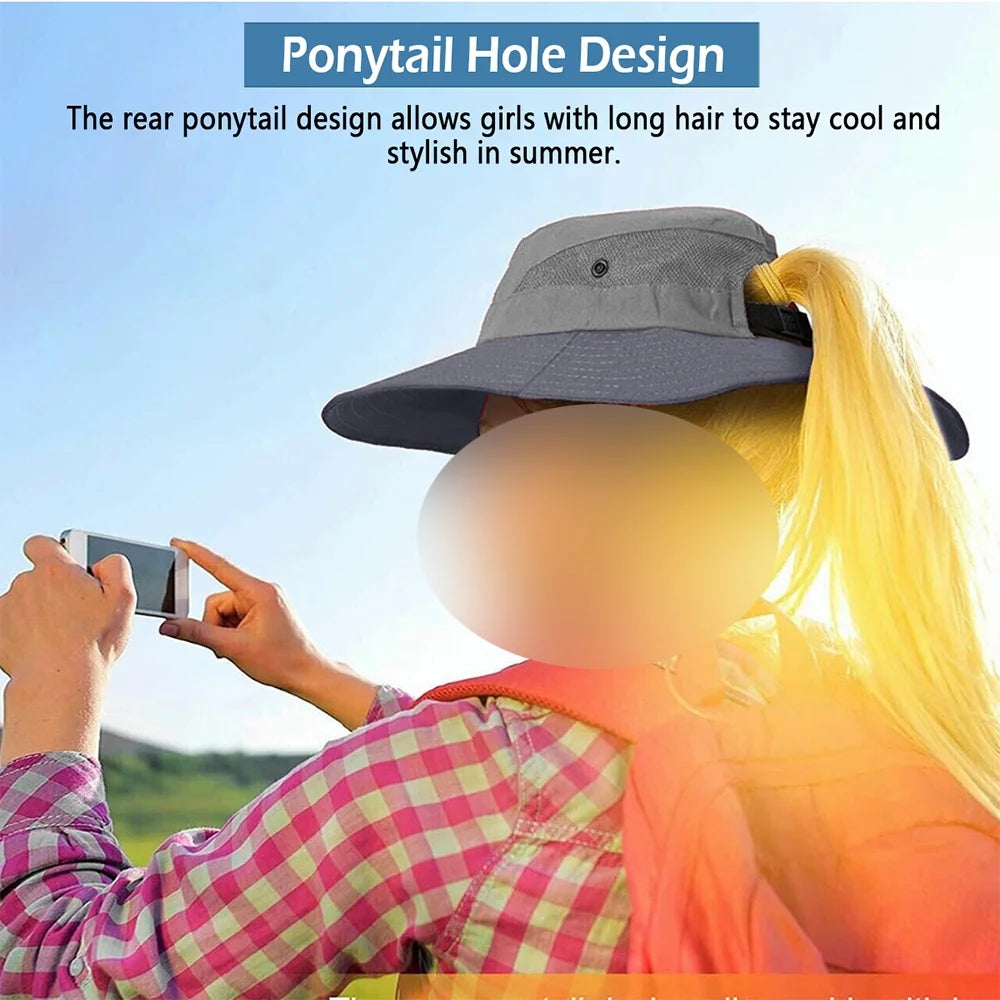 Women Sun Hat Summer Bucket Wide Brim Ponytail Boonie UV Protection Hat Foldable Cool Mesh Beach Cap, Gray