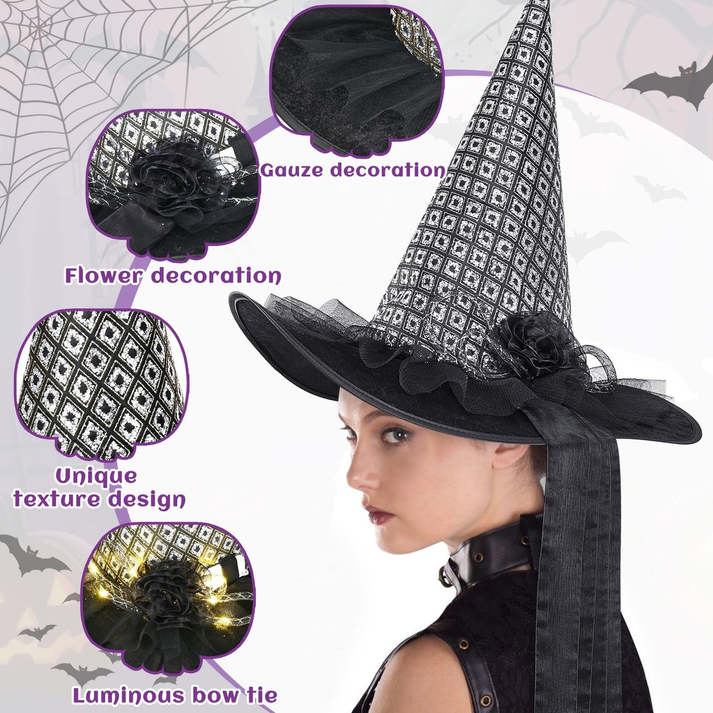 Halloween Witch Hats for Adult, LED Light Black Hat with Flower and Tulle Halloween Costumes Accessory for Party