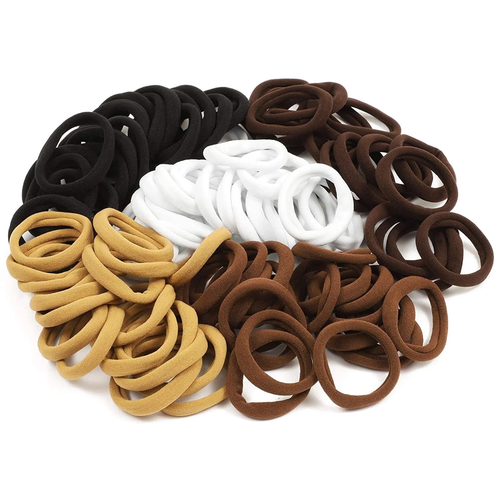 100 Pack Seamless Cotton Hair Ties Bulk High Elastic Bands No Crease Metal Ponytail Holder Accessories Women Girls 5 Colors Brown White Black