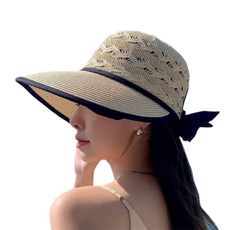 Women Ponytail Straw Sun Hat Wide Brim Visor Summer Adjustable Cap Sun Beach Foldable Hats