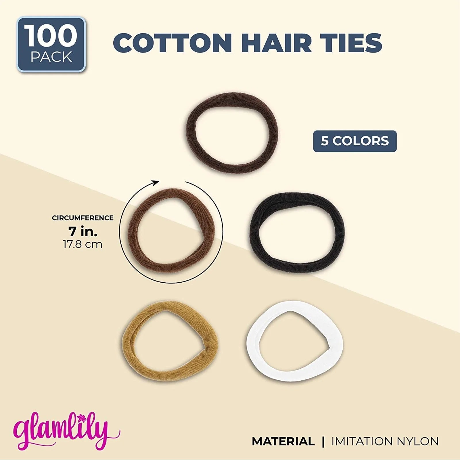 100 Pack Seamless Cotton Hair Ties Bulk High Elastic Bands No Crease Metal Ponytail Holder Accessories Women Girls 5 Colors Brown White Black