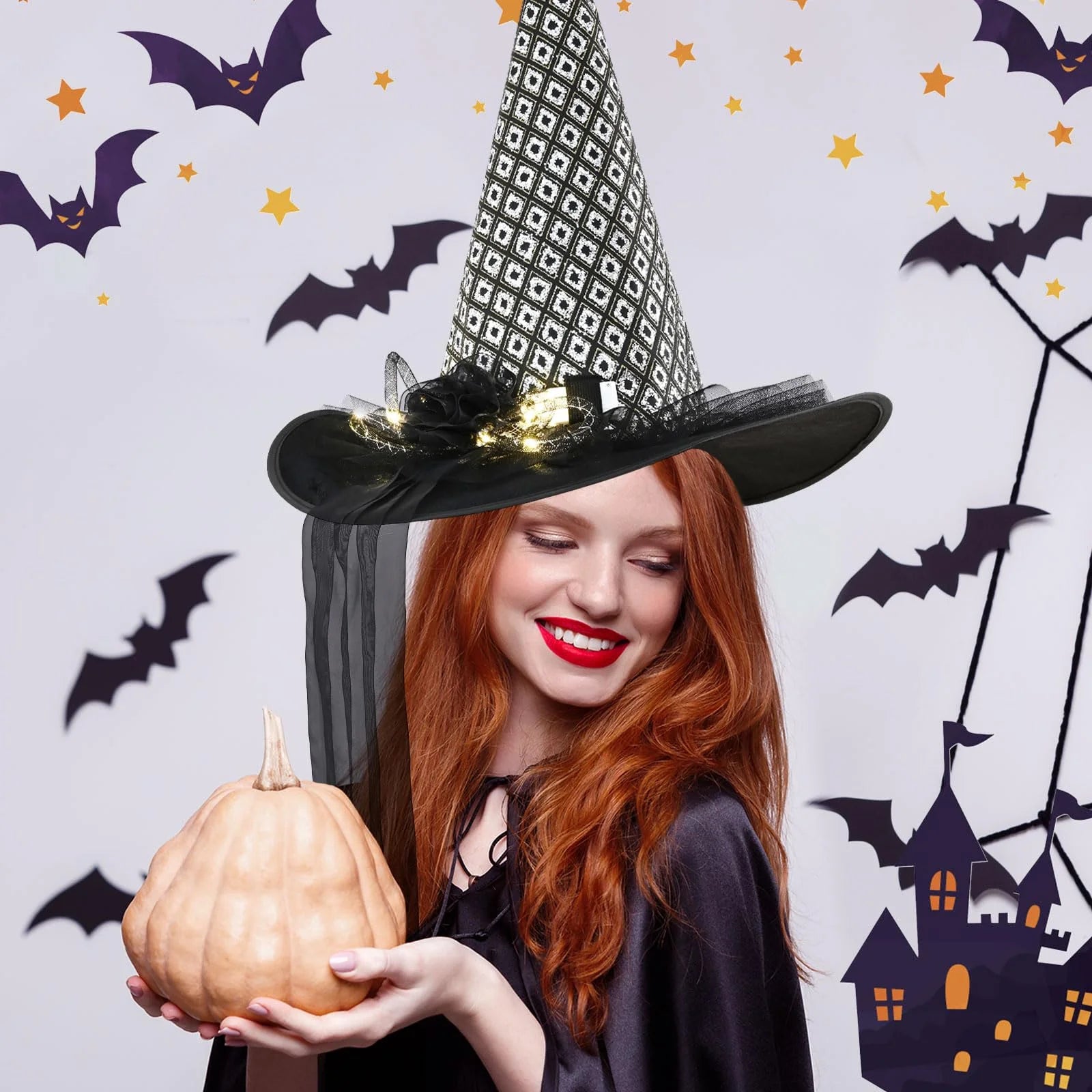 Halloween Witch Hats for Adult, LED Light Black Hat with Flower and Tulle Halloween Costumes Accessory for Party