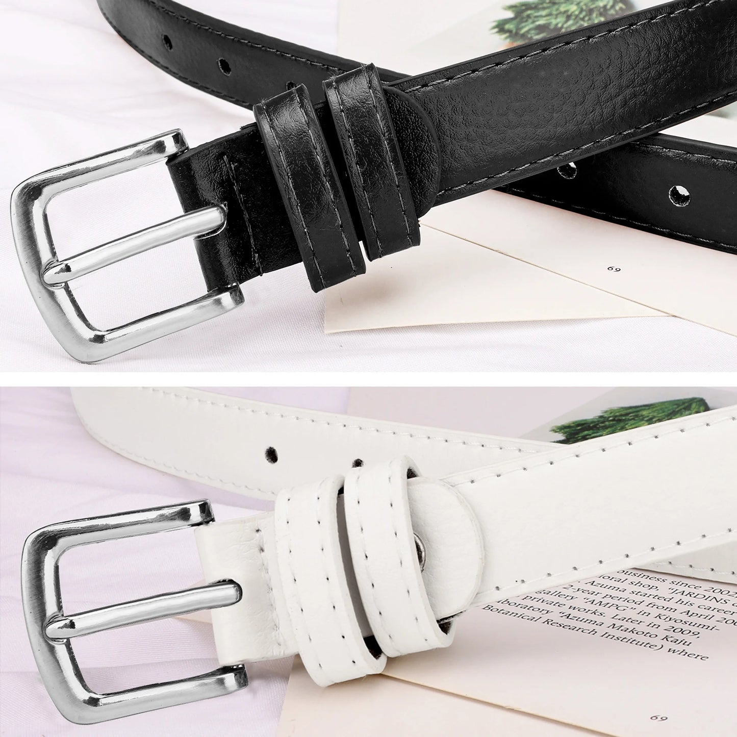 2Pcs Women Leather Belts Skinny Solid Color Pin Buckle Black & Brown Belts for Womens