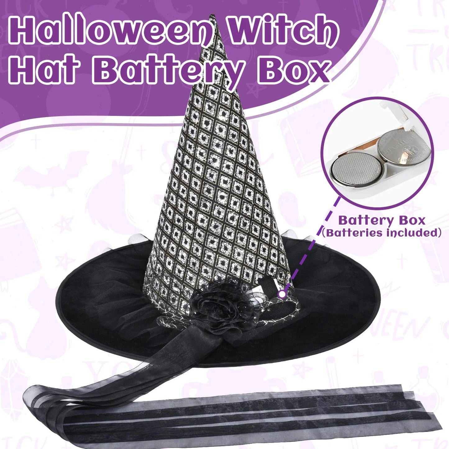 Halloween Witch Hats for Adult, LED Light Black Hat with Flower and Tulle Halloween Costumes Accessory for Party