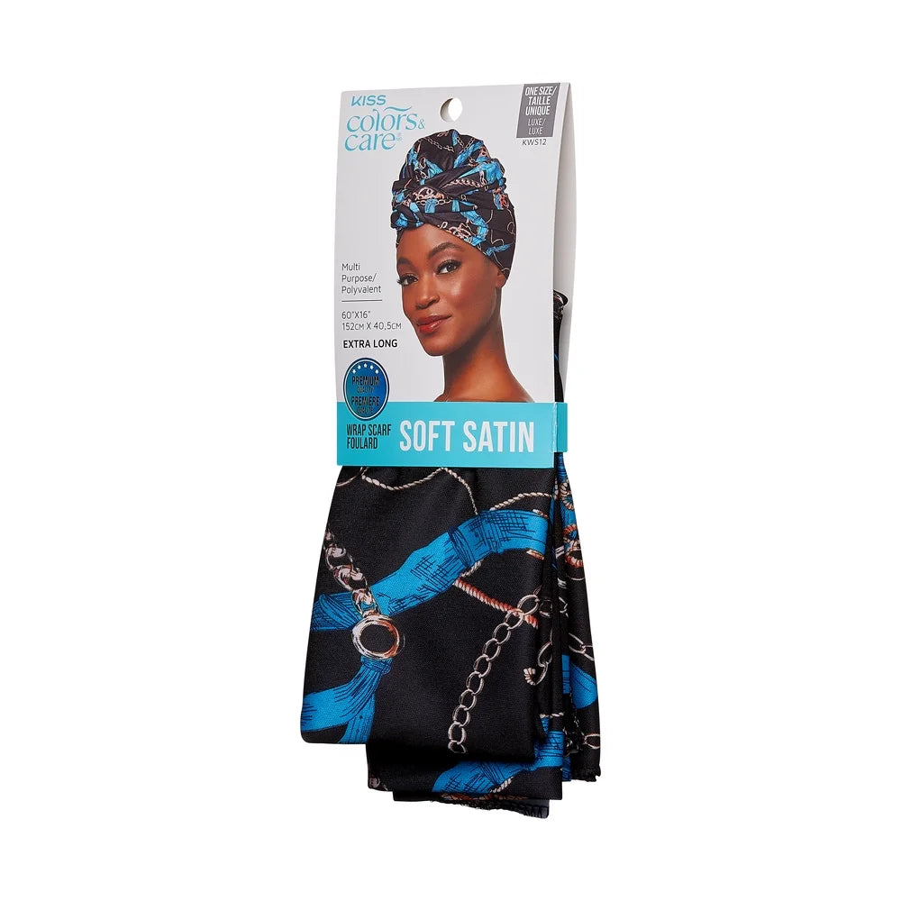 Satin Hair Wrap Scarf 60" Extra Long, Luxury Black & Blue