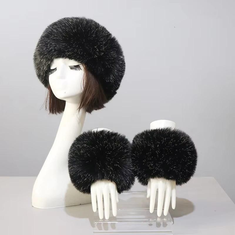 One Set Women Faux Fox Fur Cuffs + Headband Winter Warmer Hat Arm Wrist Sleeve Gloves Female Faux Fur Cap+Elastic Wristband