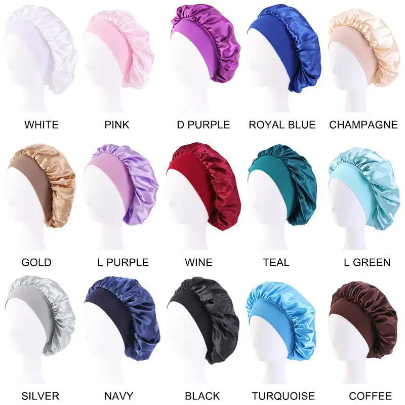 New Women'S Satin Solid Wide-Brimmed Sleeping Hat Unisex Head Wrap Elastic Band Cap Hair Care Bonnet Night Hat Bonnet De Nuit