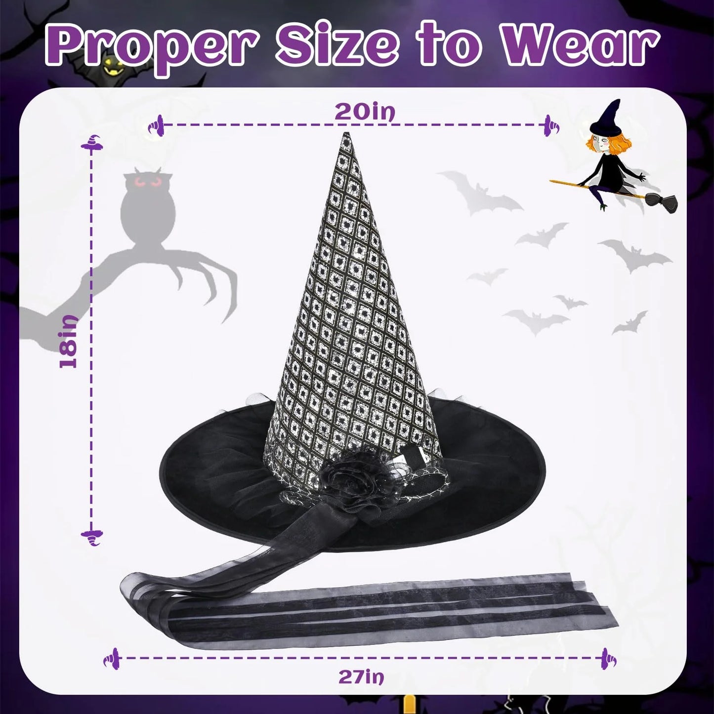 Halloween Witch Hats for Adult, LED Light Black Hat with Flower and Tulle Halloween Costumes Accessory for Party