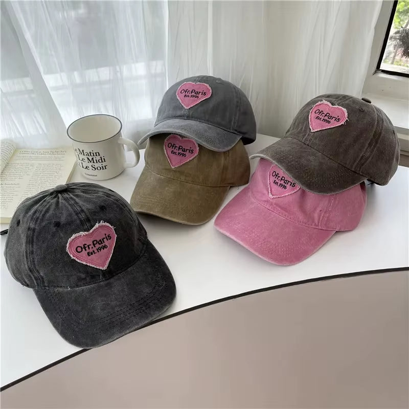 Women Baseball Cap Vintage Washed Cotton Soft Top Dad Hat Retro Y2K Pink Love Heart Letter Embroidered Snapback Caps