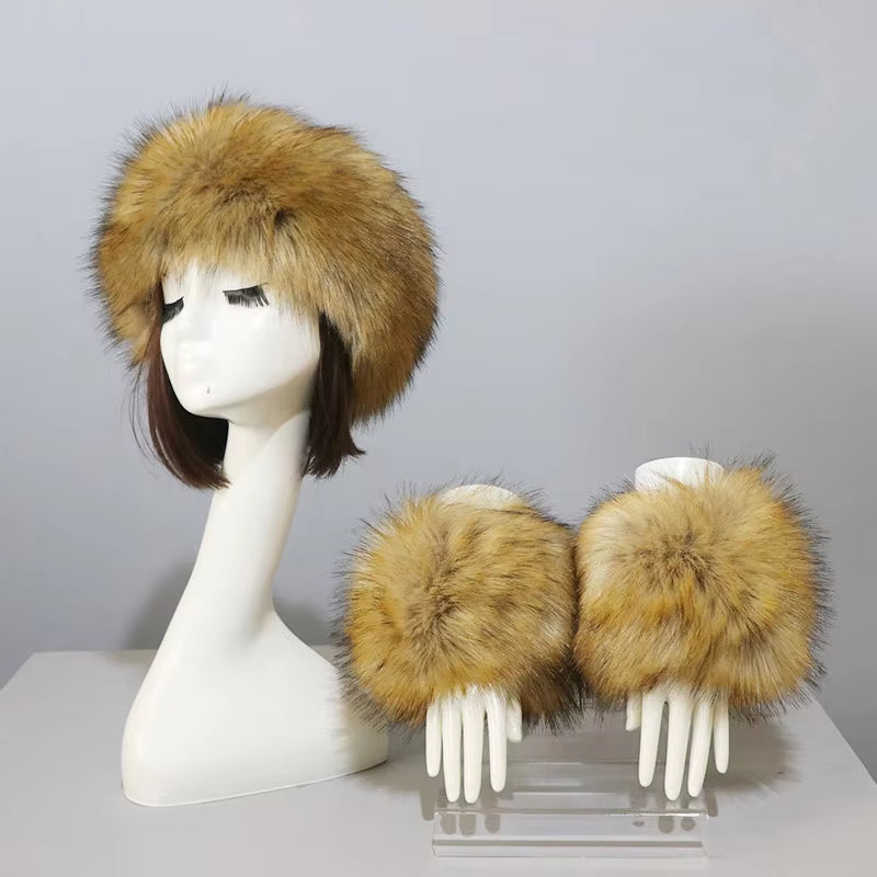 One Set Women Faux Fox Fur Cuffs + Headband Winter Warmer Hat Arm Wrist Sleeve Gloves Female Faux Fur Cap+Elastic Wristband