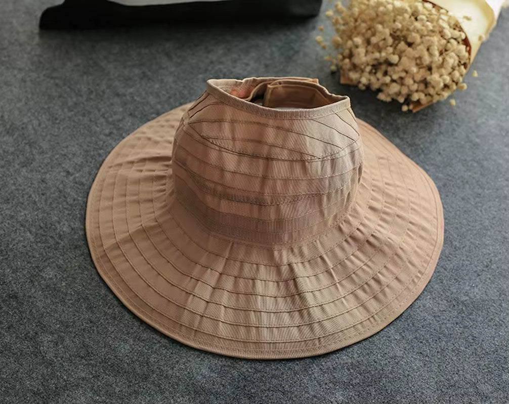 Women Ponytail Straw Sun Hat Wide Brim Visor Summer Adjustable Cap Sun Beach Foldable Hats