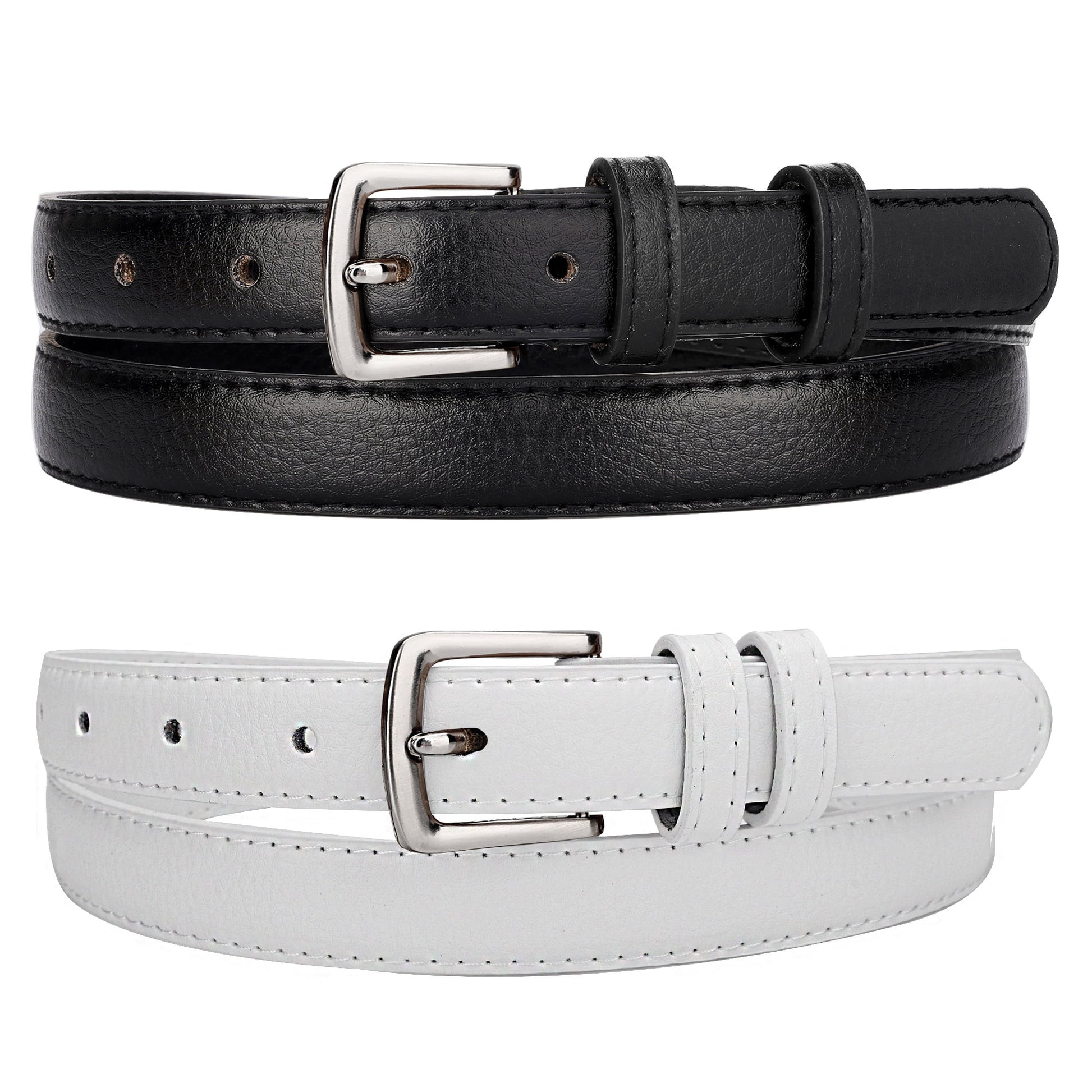 2Pcs Women Leather Belts Skinny Solid Color Pin Buckle Black & Brown Belts for Womens