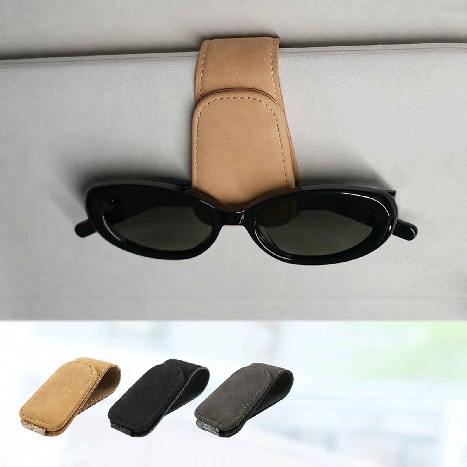 Magnetic Suede Leather Sunglass Holder, Eyeglass Hanging Clip for Car Sun Visor, Car Accessories (Beige)