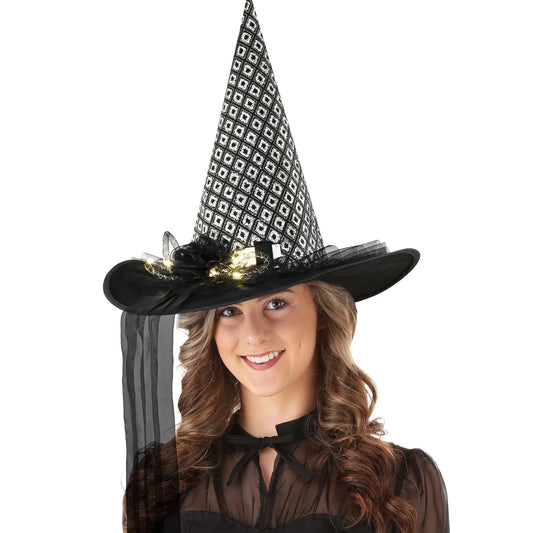 Halloween Witch Hats for Adult, LED Light Black Hat with Flower and Tulle Halloween Costumes Accessory for Party