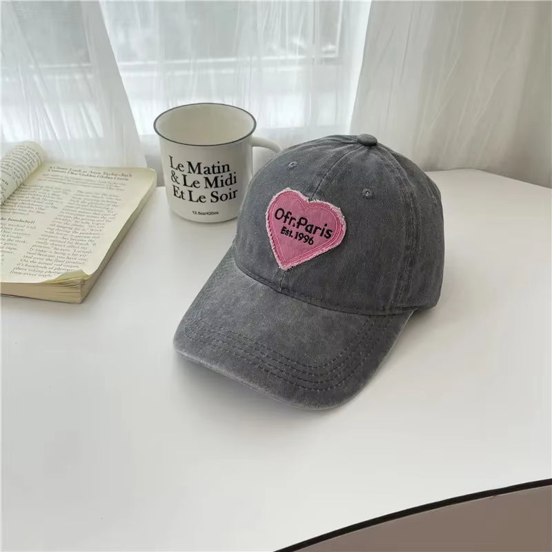 Women Baseball Cap Vintage Washed Cotton Soft Top Dad Hat Retro Y2K Pink Love Heart Letter Embroidered Snapback Caps