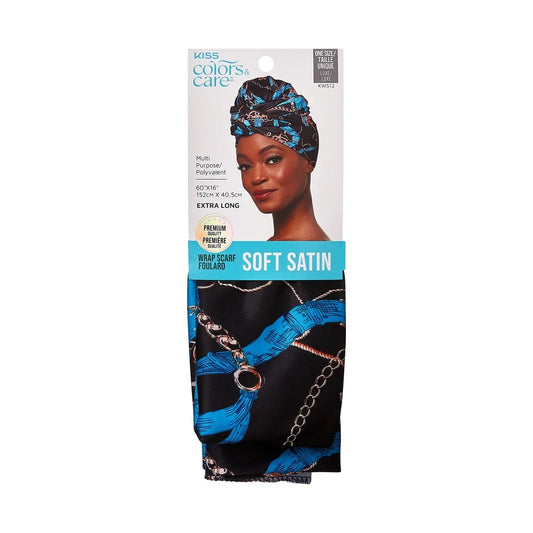 Satin Hair Wrap Scarf 60" Extra Long, Luxury Black & Blue