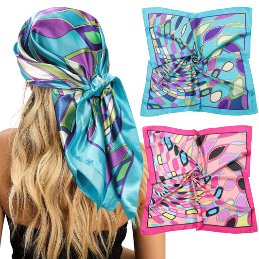 35” Large Satin Square Head Scarf - 2Pcs Silk like Floral Head Scarves Square Satin Hair Scarf Bandanas for Women