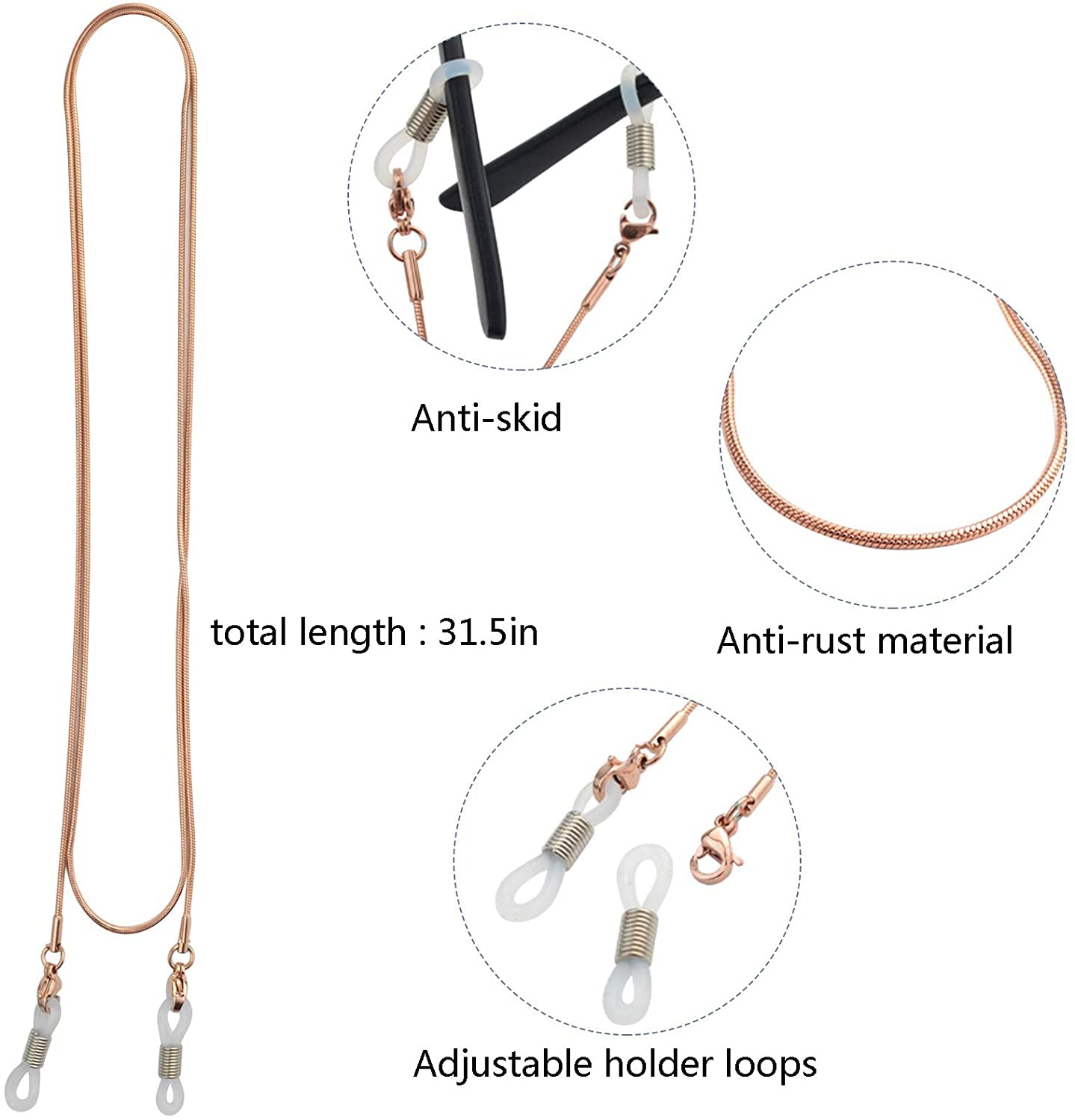 Stainless Steel Eyeglass Holder Chain 80Cm Eyeglass Necklace Chain Rose Gold