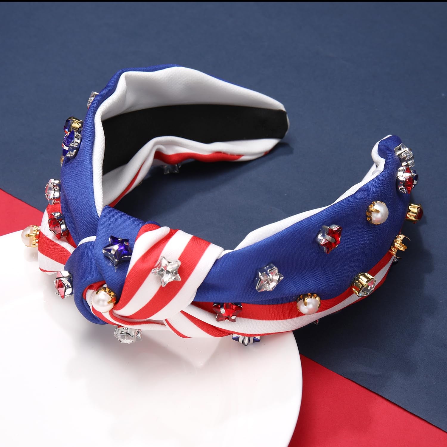 4Th of July Headbands, American Flag Star Headband Pearl Crystal Rhinestone Knot