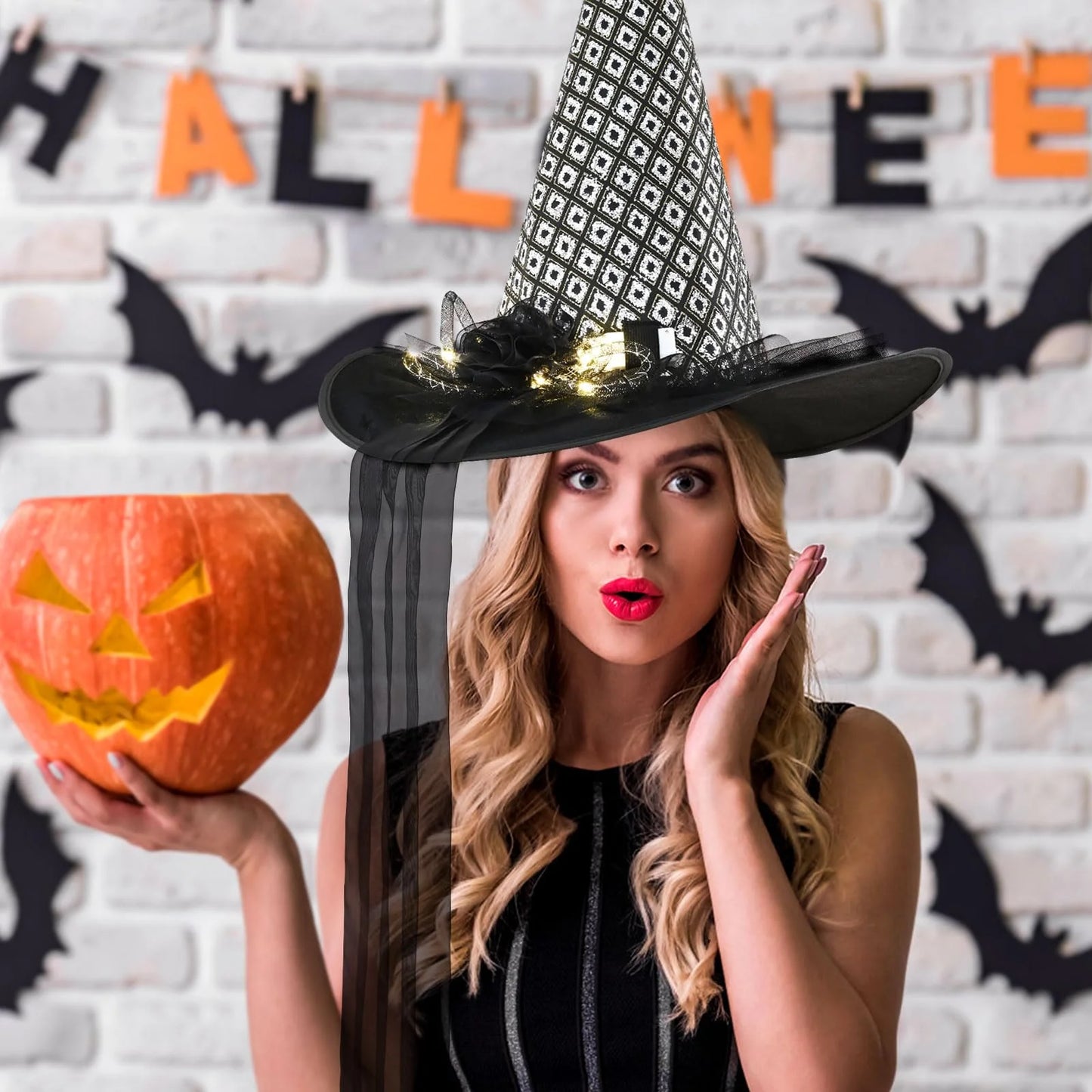 Halloween Witch Hats for Adult, LED Light Black Hat with Flower and Tulle Halloween Costumes Accessory for Party